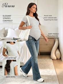 Parara Maternity V-Neck Striped Short Sleeve Ribbed Knit High Stretch T-Shirt Summer - Black and White - View 1