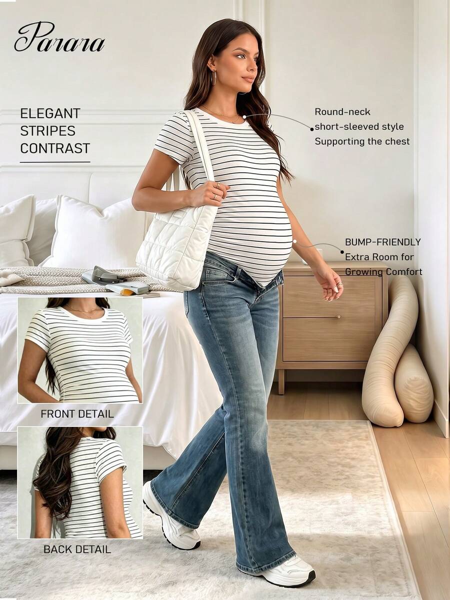 Parara Maternity V-Neck Striped Short Sleeve Ribbed Knit High Stretch T-Shirt Summer - Black and White - View 1