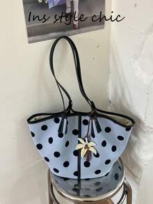 Polka Dot All-Over Print, Large Capacity Storage, Magnetic Closure Design, Casual Tote Bag, Suitable For Students, Daily Commute, Outings, Dates, And Short Trips - Blue - View 4