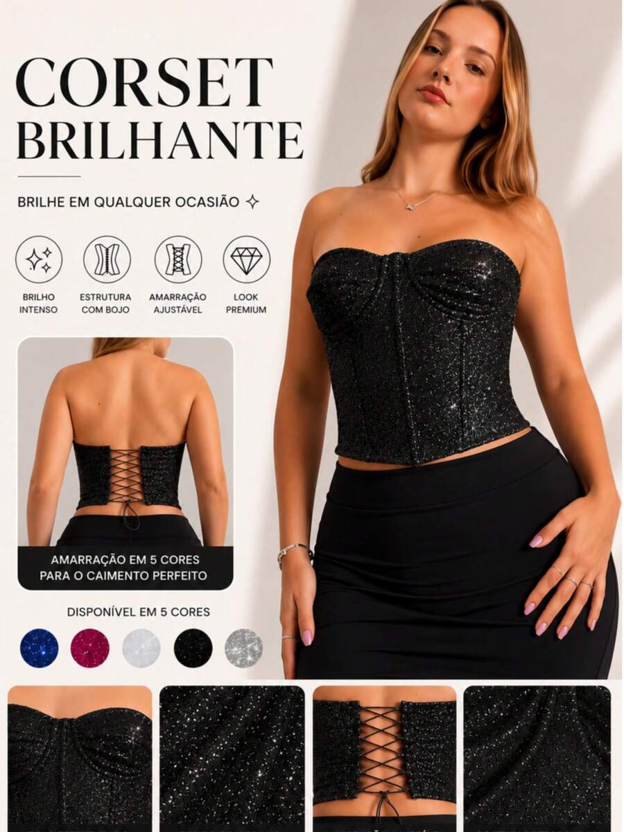 Shiny Corset With Padded Cups And Boning – Strapless Top, Tight, Sexy And Ideal For Parties Or Nightclubs - 黑色 - 查看 1