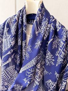 1pc Women's Landscape Pattern Faux Silk Square Scarf, Multi-Functional Fashion Headband Sun Protection Shawl, Suitable For Daily Wear, Vacation, Decorative Ribbon - Navy - View 4