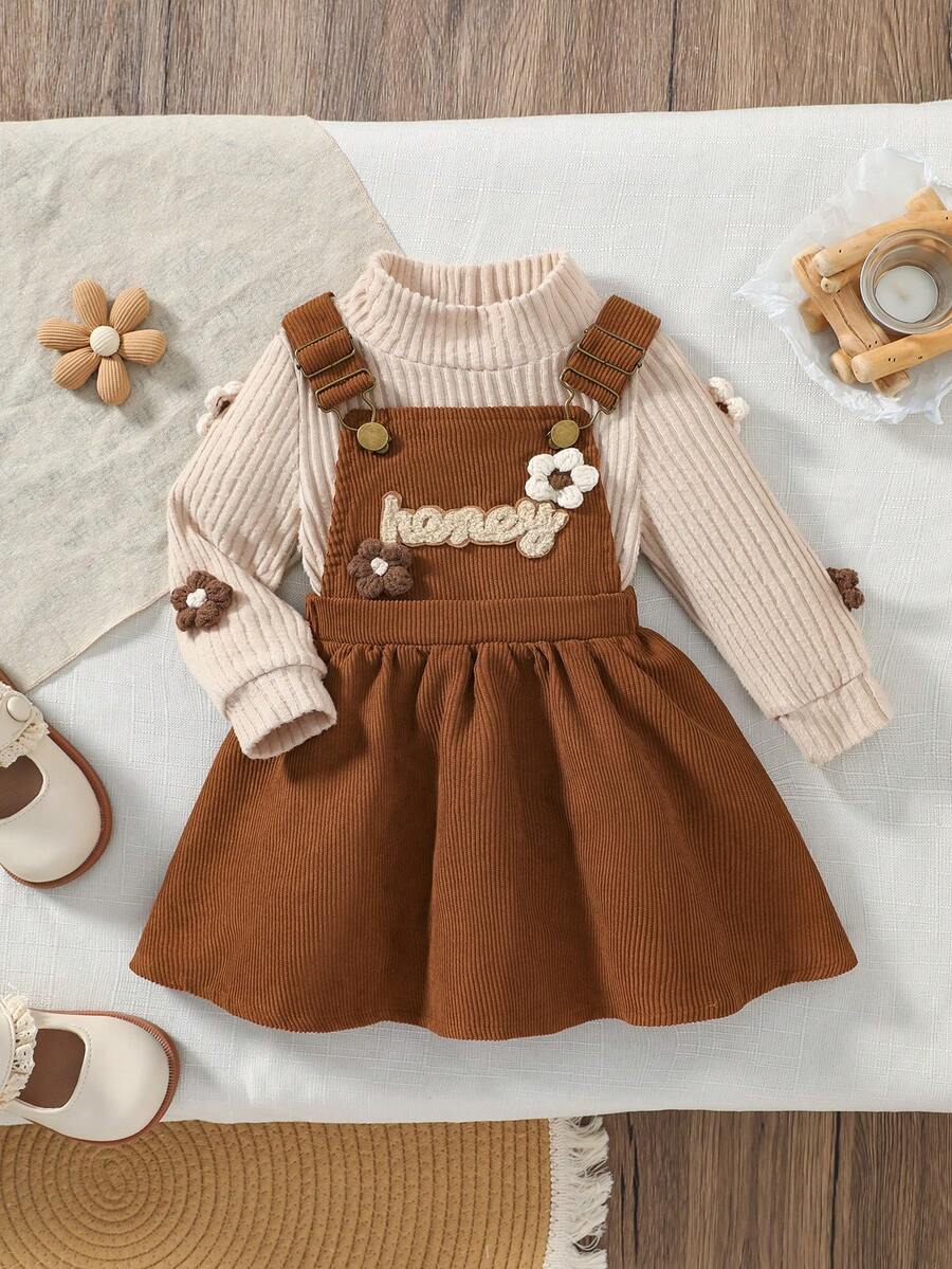 2pcs/Set Baby Girl Long Sleeve Ribbed Knit 3D Flower Embroidery Letter Patchwork Vintage Mori Style Pinafore Dress Spring Autumn Outfit For Outings, Birthday, Photo Shoot - Multicolor - View 1