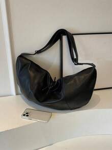 Large Capacity Soft Leather Hobo Crossbody Bag, Solid Black Irregular Shape Toggle Fastener Shoulder Bag, Multi Storage Pockets, Fits Books Tablet - Multicolor - View 5