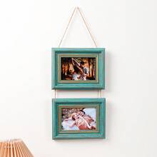 1pc Rustic Distressed Teal Wooden Hanging Collage Photo Frame Set, Rope Chain Connected Multi-Hole Wall Hanging Photo Frame, Vintage Gold Frame, Suitable For Family And Couple Photos, Bedroom Living Room Gallery Wall Home Decor - Green - View 12