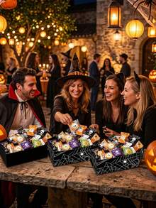 4pcs Halloween Coffin Shaped Cardboard Box Tray Set, Spider Web & Bat Print Storage Boxes; Halloween Party Display Trays, Halloween Tabletop Decor Plates, Halloween Gift Storage Boxes, Halloween Gift Packaging, Halloween Party Packaging Supplies - Multicolor - View 1