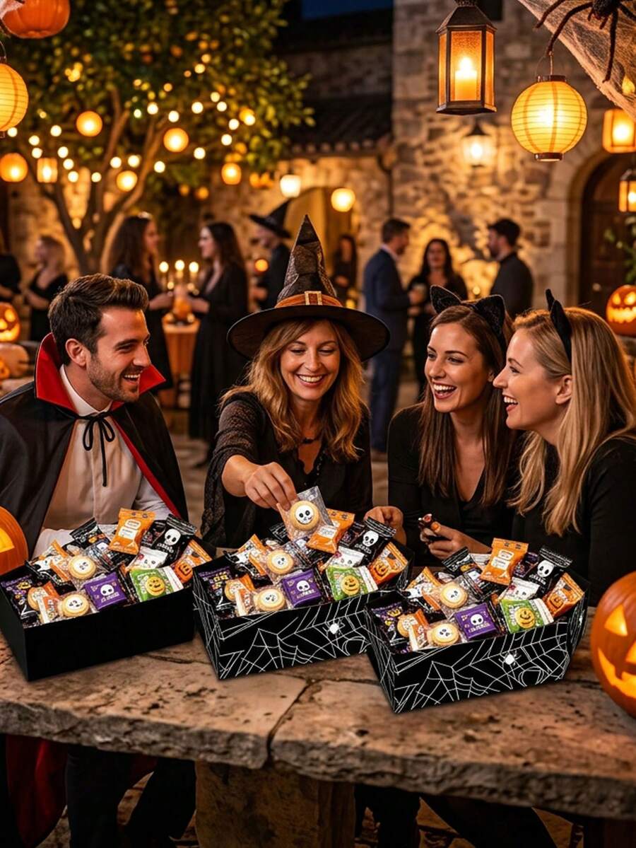 4pcs Halloween Coffin Shaped Cardboard Box Tray Set, Spider Web & Bat Print Storage Boxes; Halloween Party Display Trays, Halloween Tabletop Decor Plates, Halloween Gift Storage Boxes, Halloween Gift Packaging, Halloween Party Packaging Supplies - Multicolor - View 1