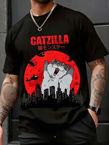 Grafik-T-Shirts für Herren, Sommerkollektion, lustiges japanisches Katzen-T-Shirt für Katzenliebhaber, Catzilla, modische Grafik-T-Shirts für Damenbekleidung, S - Schwarz - Übersicht 2