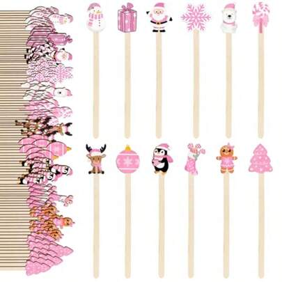 JarThenaAMCS 120 piezas agitadores de café desechables de madera con patrón navideño rosa, palitos agitadores para bebidas, chocolate caliente, batido, restaurante, hogar y oficina