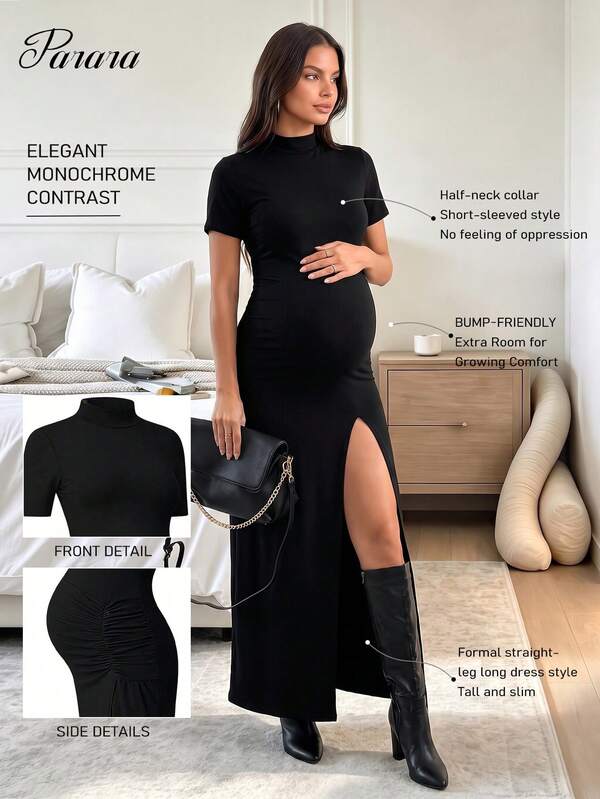 Vestido de maternidad elegante y casual negro Parara, vestido maxi de línea A con cuello en V y manga corta ajustado, para verano