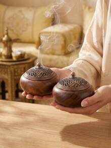 1pc/Set Zen-Style Wooden Flat Incense Burner, Vintage Copper Mesh Lid Aromatherapy Diffuser, Suitable For Home Decor, Bedroom, Living Room (As Centerpiece), Office, Home Aesthetics, Also As Birthday Gift, Graduation Gift, Anniversary Commemoration, Gift, Yoga Studio And Party, Creating An Elegant Atmosphere. (Due To Different Production Batches, There May Be Slight Color Differences.) - Multicolor - View 3