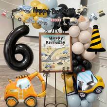 52pcs Construction Vehicle Theme Birthday Balloon Set, Includes 32-Inch Number Balloon And Excavator Foil Balloon, Suitable For Birthday Party, Baby Shower Decoration, Party Supplies - View 5