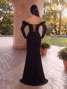 ADYCE Elegant Off-Shoulder Long Sleeve Faux Feather High Waist Slit Back Formal Evening Dress For Dinner Date Party Wedding Guest Formal Dinner - Black - View 2
