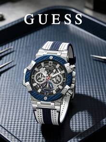 Jam Tangan Kronograf Multifungsi Berongga Dial Besar Pria GUESS, Tali Bernapas Dua Warna, Jam Tangan Fashion Jalanan dan Luar Ruangan GW0486G1 - Biru - View 9