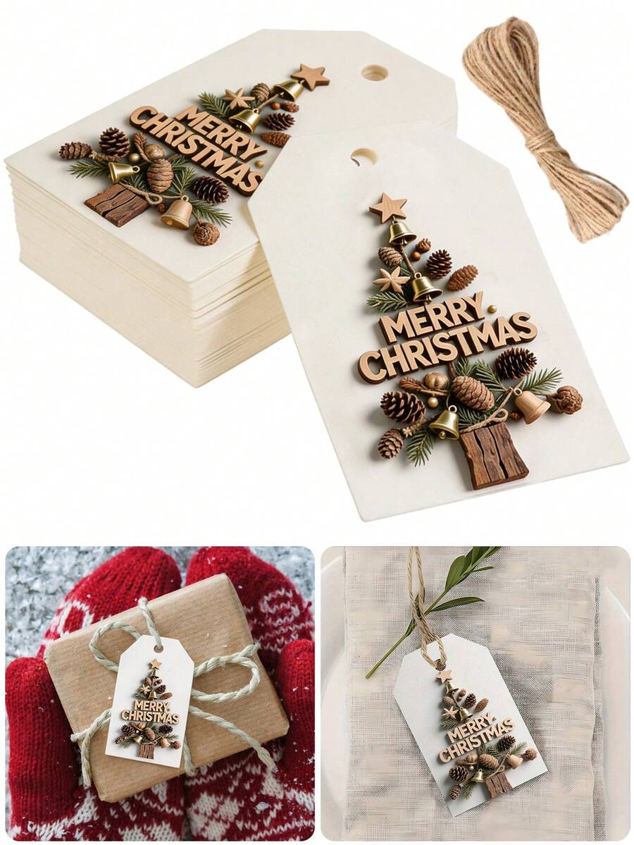1/2 Set Of Christmas Decoration Hanging Cards, Gift Tags, Packaging Labels, Party Greeting Cards, Gift Packaging Tags, Pine Tree Pattern Made Of Pine Cones Jute Rope Tag Pendant Card Hanging Decoration Greeting Card, An Excellent Choice For Gifting.