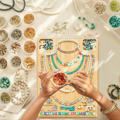 1 pieza de bandeja de madera para cuentas, collar y brazalete, bandeja para fabricación de joyas, diseño DIY y exhibición de brazaletes, bandeja de madera para trabajos de cuentas DIY y suministros de joyería