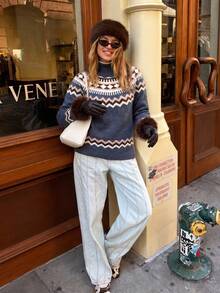 Women's Fair Isle Pattern Knit Long Sleeve Crew Neck Sweater, Medium Stretch Regular Fit, Autumn/Winter Knitwear - Blue - View 2