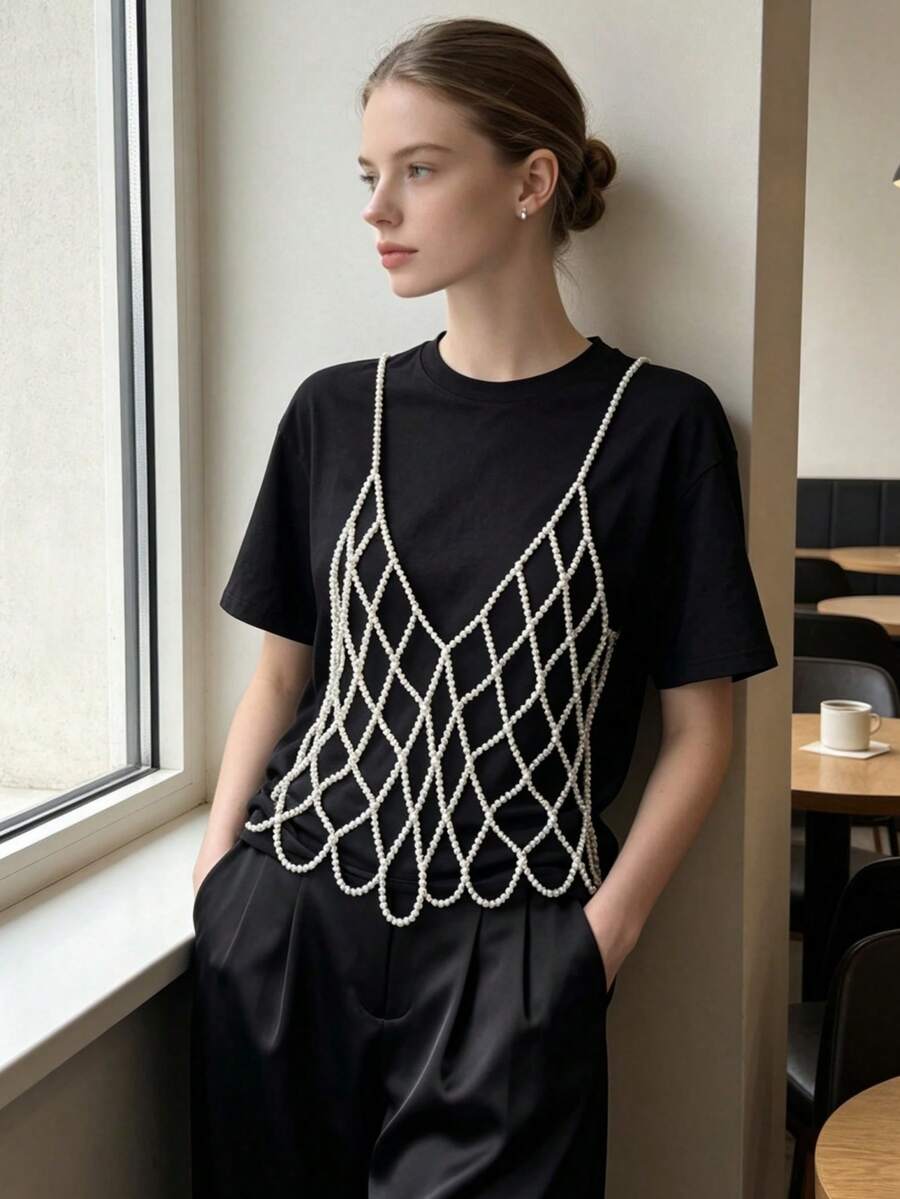 DEKUNER 時尚珍珠肩帶短版背心，甜美可愛女孩風，百搭極簡設計，適合日常穿著、酒吧、音樂節與派對