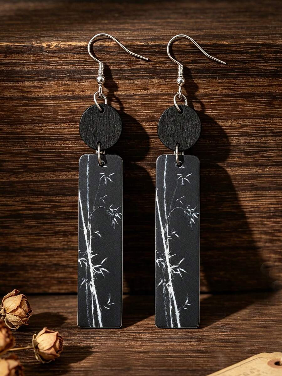 1 Pair New Chinese Style Ink Bamboo Rectangular Acrylic Earrings, Black Background White Bamboo National Style Artistic Earrings - Black - View 1