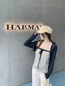 New Women's Korean Style Striped Tie-Front Tube Top 2 Pieces Set, Summer Minimalist Short Camisole Cardigan Top - Royal Blue - View 6