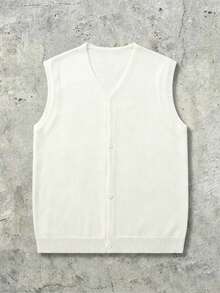 ANDREILEE Men's Unisex Knitted Vest Street Casual Solid Color V-Neck Button-Up Sleeveless Cardigan Spring/Summer - Beige - View 3