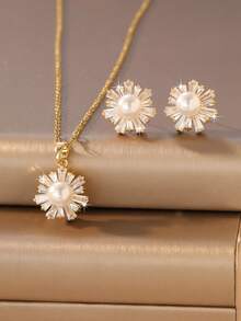 3pcs/Set Gentle Gradient Cubic Zirconia Surrounded Faux Pearl Sunflower Pendant Necklace & Earrings Set, Suitable For Women's Daily Commute Wear - Sunflower Set - View 11