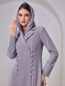 Chaqueta Abaya Elegante con Pañuelo, Hombros Acolchados, unicolor, Cierre de Botones Delanteros, Abertura Lateral Primavera Otoño - Morado Violeta - Ver 1