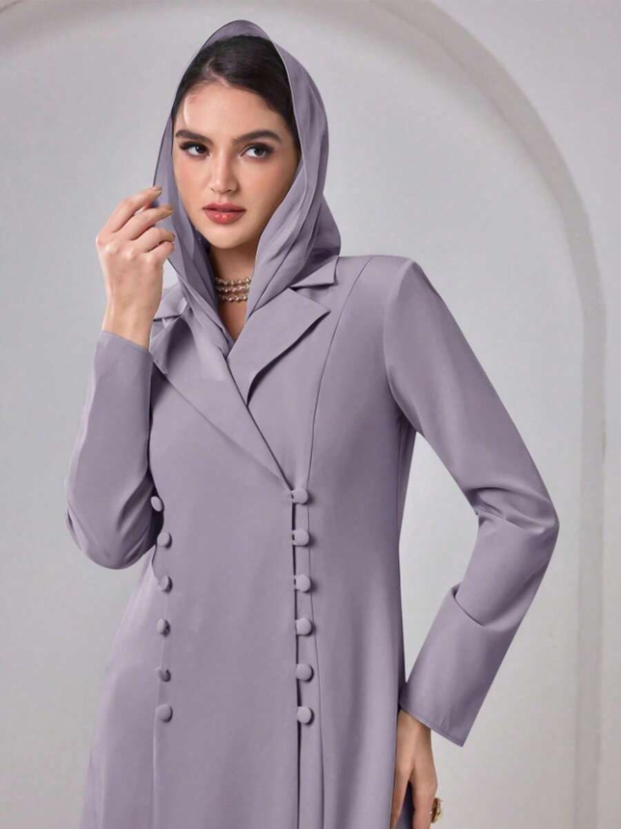 Chaqueta Abaya Elegante con Pañuelo, Hombros Acolchados, unicolor, Cierre de Botones Delanteros, Abertura Lateral Primavera Otoño - Morado Violeta - Ver 1