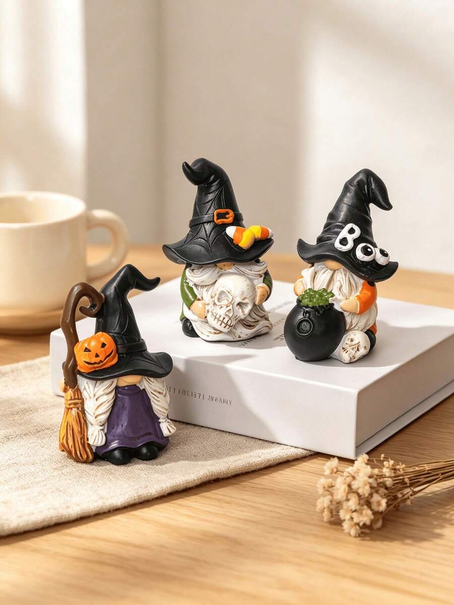 1pc Halloween 3 PiecesWizard Figurine Decor, Resin Skull Ornament With Skull Design, Vibrant Colors, Desktop Decoration, Room Decor - A - View 1