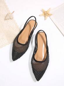 Lightweight Sheer Mesh Mule Shoes, Pointed Toe With Back Strap, Lace Mesh With Rhinestone Toe, Elastic Band Design, Casual Loafers, Elegant Minimalist Commuter Hollow Flat Shoes - Black - View 6
