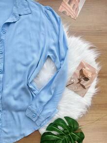 Women's Solid Button Down Shirt CasualSP035 - Baby Blue - View 4