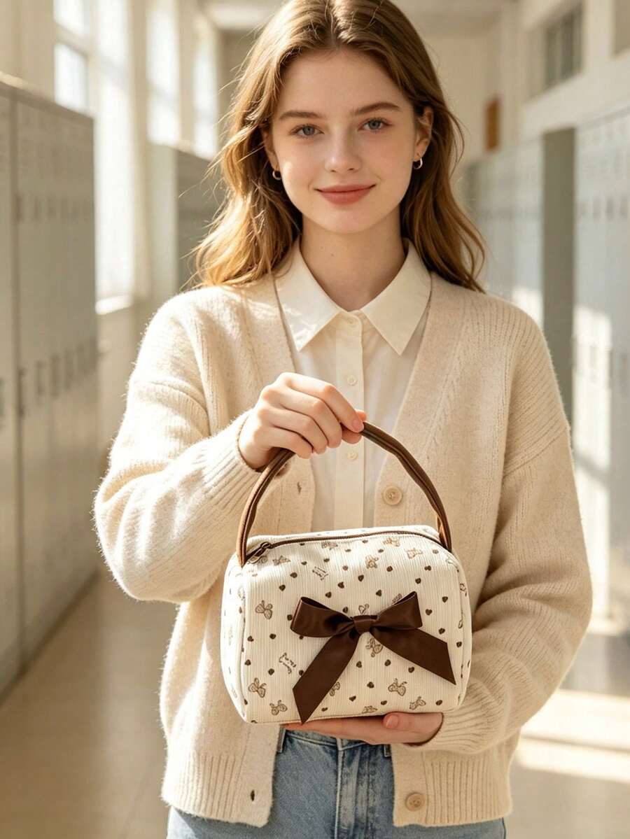 Cute Bowknot Lunch Bag, Women's Handheld Lunch Bag/Storage Bag, Large Opening Zipper, Portable Travel Picnic Bag, Office And School Lunch Bag, Work Lunch Box, Holiday Lunch Box, Multi-Functional Camping Student Lunch Box Casual Bag, Suitable For Work, Picnic, Travel - Multicolor - View 1