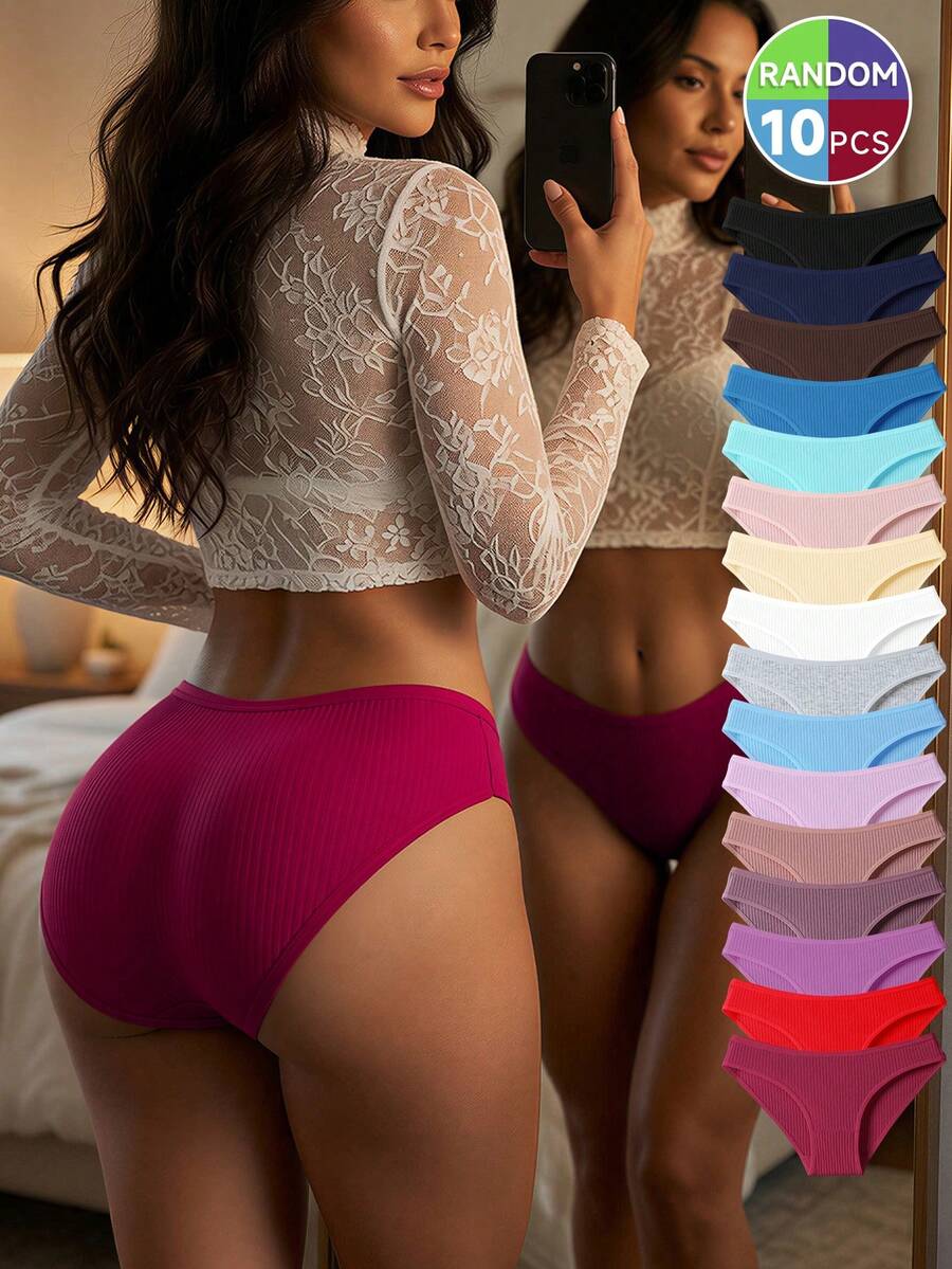 10pcs Celana Dalam Wanita Katun Bergaris Warna Polos Acak Kasual Nyaman Minimalis - MultiWarna - View 1