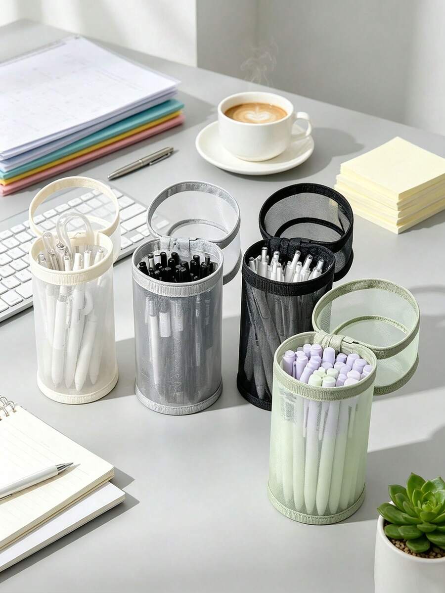 Minimalist Transparent Mesh Large Capacity Pencil Case, Flip Cover Solid Color Pen Bag, Portable Stationery Storage Bag