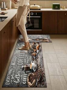 1pc Vintage Coffee Pattern Diatomaceous Earth Kitchen Mat, Rubber Anti-Slip Bottom Oil-Resistant, 3.5mm Cuttable, Cushioning Anti-Fatigue, Kitchen Bathroom Entryway Multi-Scene Decorative Rug - Multicolor - View 1
