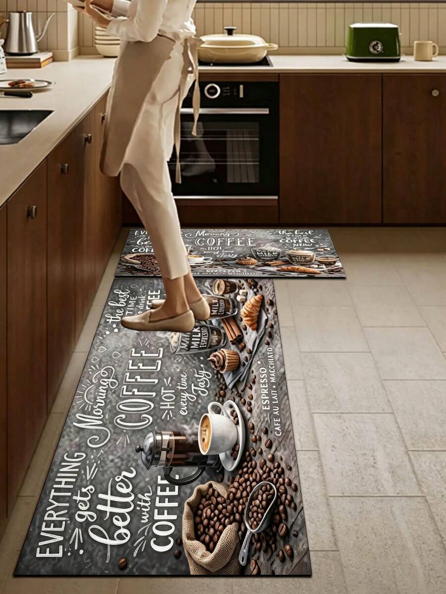 1pc Vintage Coffee Pattern Diatomaceous Earth Kitchen Mat, Rubber Anti-Slip Bottom Oil-Resistant, 3.5mm Cuttable, Cushioning Anti-Fatigue, Kitchen Bathroom Entryway Multi-Scene Decorative Rug - Multicolor - View 1