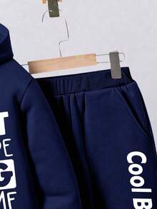 Young Boy Letter Print Hoodie And Pants Set - Royal Blue - View 3
