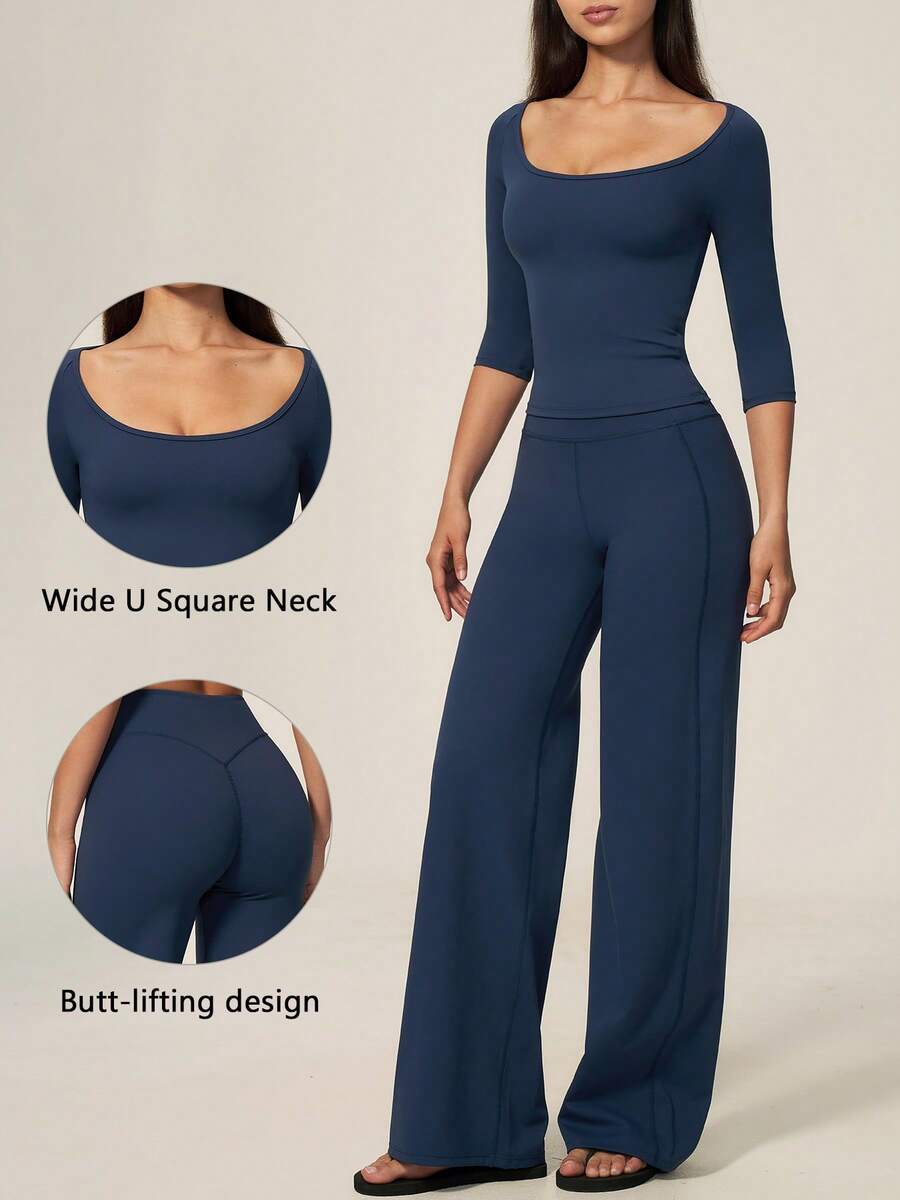 TimeOff Women's One Set Solid Color Oversized Scoop Neck Mid-Sleeve T-Shirt Wide Leg Pants Sports Set - Blue - View 1