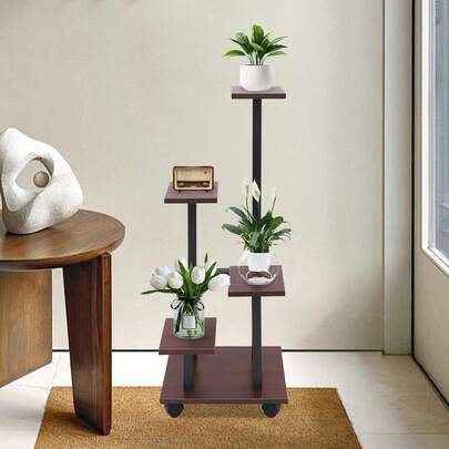 SHIOUCY 5-stöckiger Blumenstand mit 4 Rädern, mehrstöckiger Pflanzenständer, Tragfähigkeit von 15-20kg pro Ebene, modern für Innen- und Außenbereich, Salon, Balkon, Gärten und Terrassen, schwarz