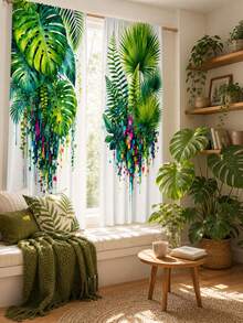 2pcs Creative Pixel Drip Watercolor Tropical Green Plant Pattern Printed Semi-Sheer Curtains, 90GSM Polyester Semi-Sheer Privacy Protection, Easy Installation, Quick Dry, Fade-Resistant, Lightweight Removable Washable Curtains, Suitable For Home, Room, Kitchen Partition Or Decoration - Multicolor - View 6