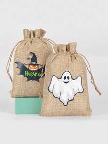 5pcs Halloween Burlap Drawstring Gift Bags Pumpkin Ghost Bat Pattern Candy Pouches Party Favor Storage Celebration Treats Holders Holiday Decor Packaging Supplies - Multicolor - View 9