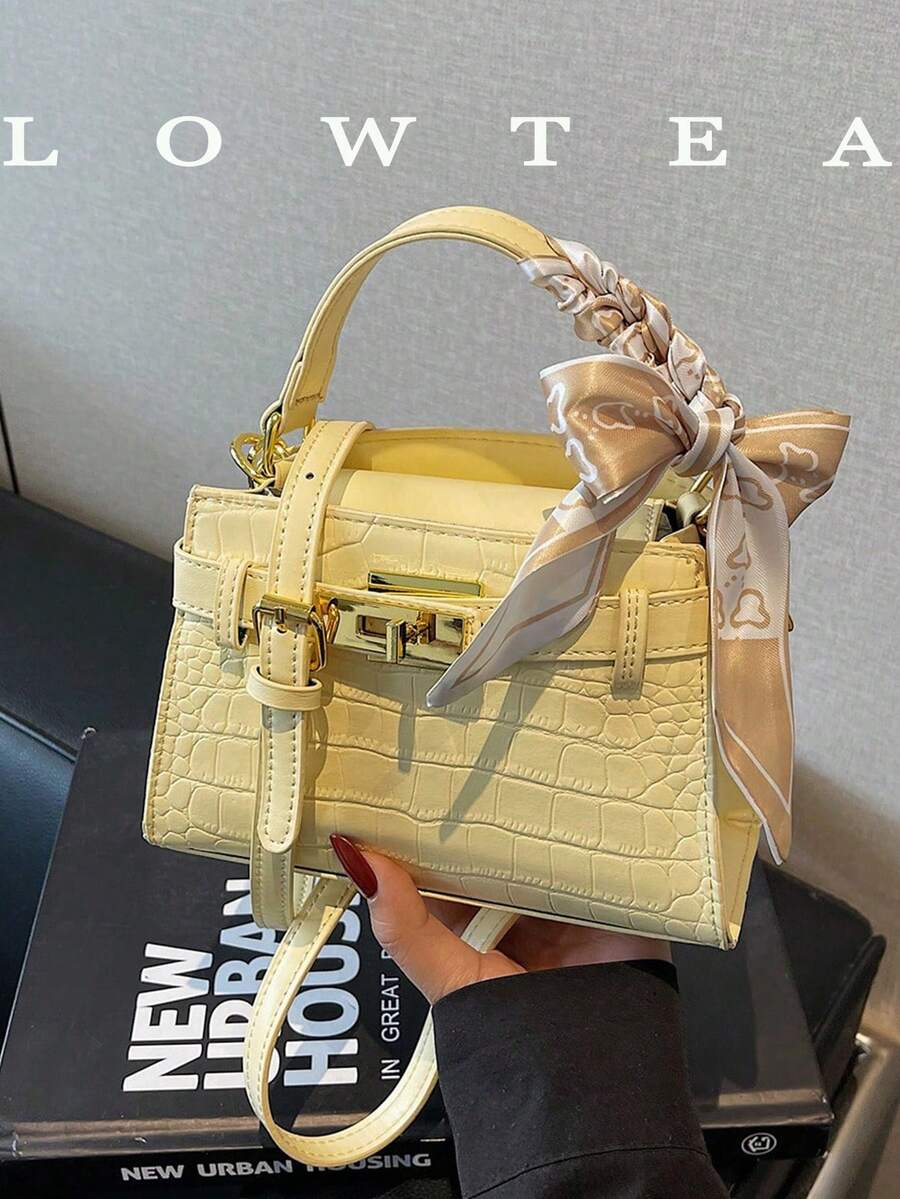 1pc Low Tea Solid Color PU Tote Bag, Detachable And Adjustable Shoulder Strap, Suitable For Travel, Shopping, Dating, Yellow - Yellow - View 1