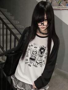 Y2K Millennium Style Women's Round Neck T-Shirt 1pc Casual Loose Cartoon Print Pattern Versatile Daily Raglan Sleeve Long Sleeve Top - White - View 2
