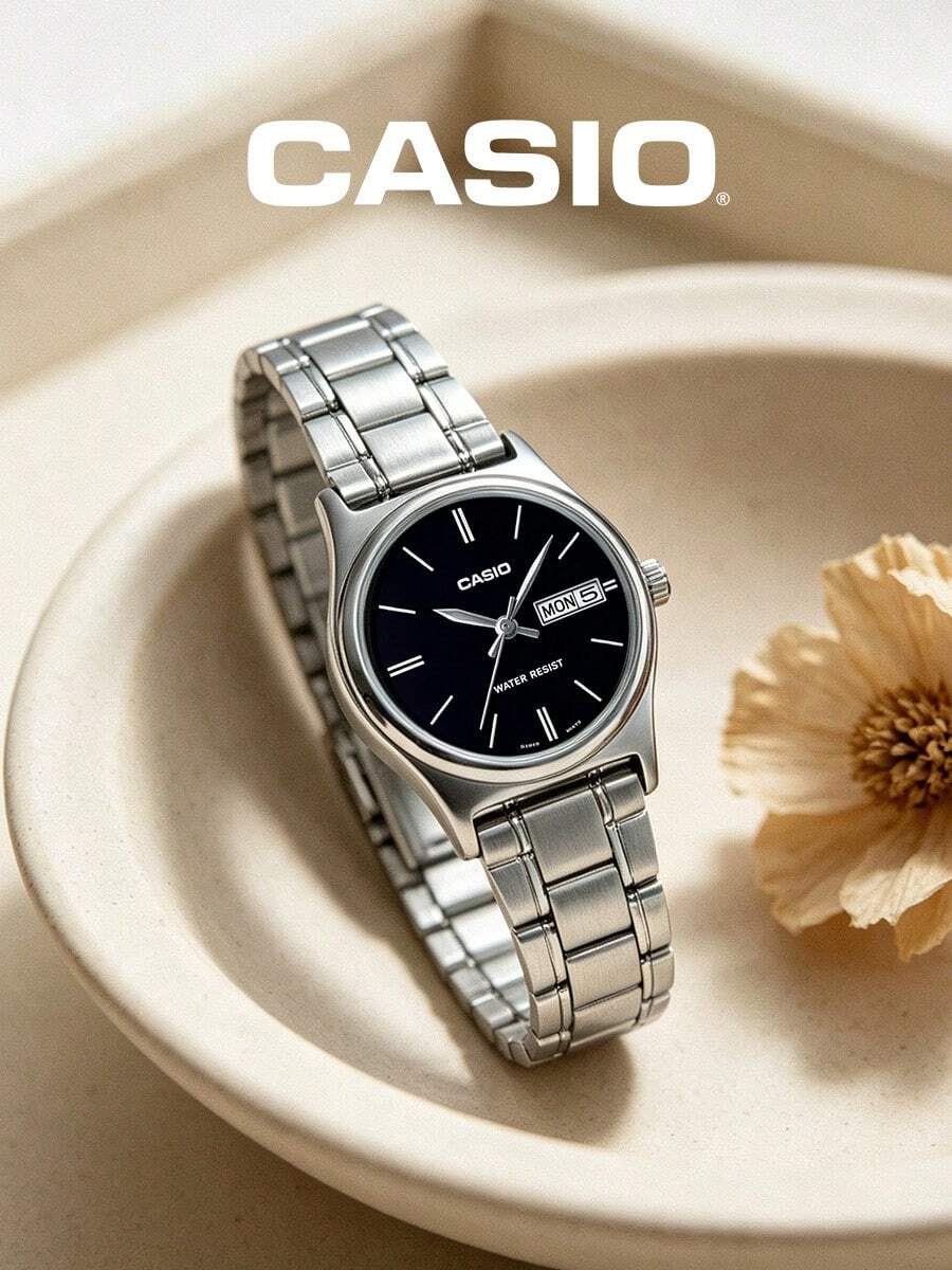 CASIO LTP-V006D-1B2 Stainless Steel Bracelet Black Dial Day Date Display Ladies Quartz Wrist Watch - Silver - View 1
