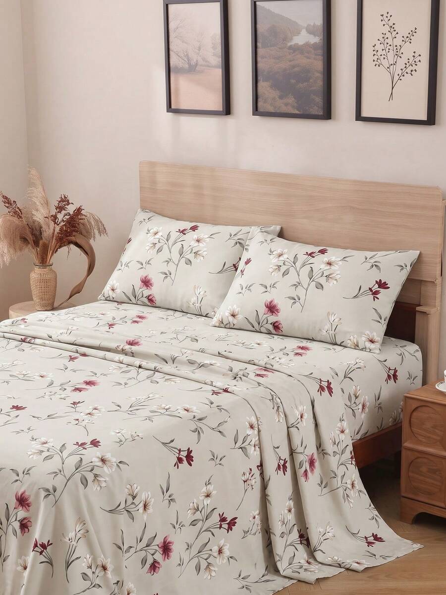 4件組時尚花卉圖案床上用品套裝，易打理柔軟床單，花卉床單套組（1件平鋪床單 + 1件床笠 + 2件枕套），深口袋可達11.8英吋，柔軟透氣，返校宿舍床上用品套裝 - 彩色 - 查看 1