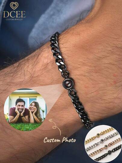 Customized 7MM Cuban Link Projection Bracelet, Stainless Steel Thick Photo Bracelet, Personalized Jewelry Gift For Men And Women, Father's Day Gift
