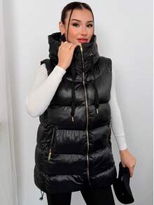 Women's Hooded High Neck Puffer Vest Zip Up Sleeveless Quilted Winter Warm Oversized Padded With Zipper Pockets - Black - View 3