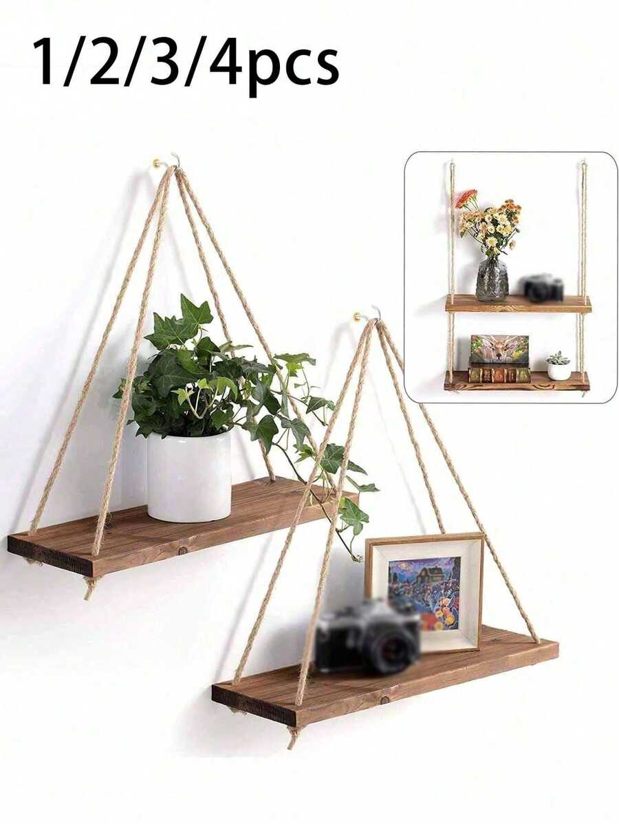 1/2/3/4件組極簡編織壁掛植物架,室內懸掛植物架,壁掛式收納架,鄉村風木製繩編置物架,波希米亞布藝編織收納掛毯設計,適合居家裝飾,可用於浴室、辦公室、陽台、臥室、客廳等場所 - 彩色 - 查看 1