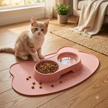 1 Set - Pet Double Bowl Feeding Mat Set, Collects Spilled Water And Scattered Food, Prevents Bowl Slipping And Floor Mess, Suitable For Cat And Dog Daily Home Feeding, Dirt-Resistant Non-Slip Pet Feeding Mat Kit - Multicolor - View 5