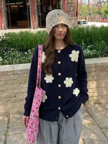 女款 3D 花卉裝飾長袖單排扣休閒針織開襟衫 - 藏蓝色 - 查看 2