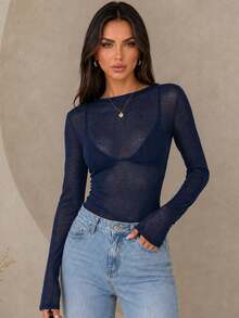 ChicMe Women's Boat Neck Long Sleeve Slim Fit T-Shirt, Sexy Sheer Mesh Tulle Base Layer Top, Suitable For Outings And Parties - Navy Blue - View 7